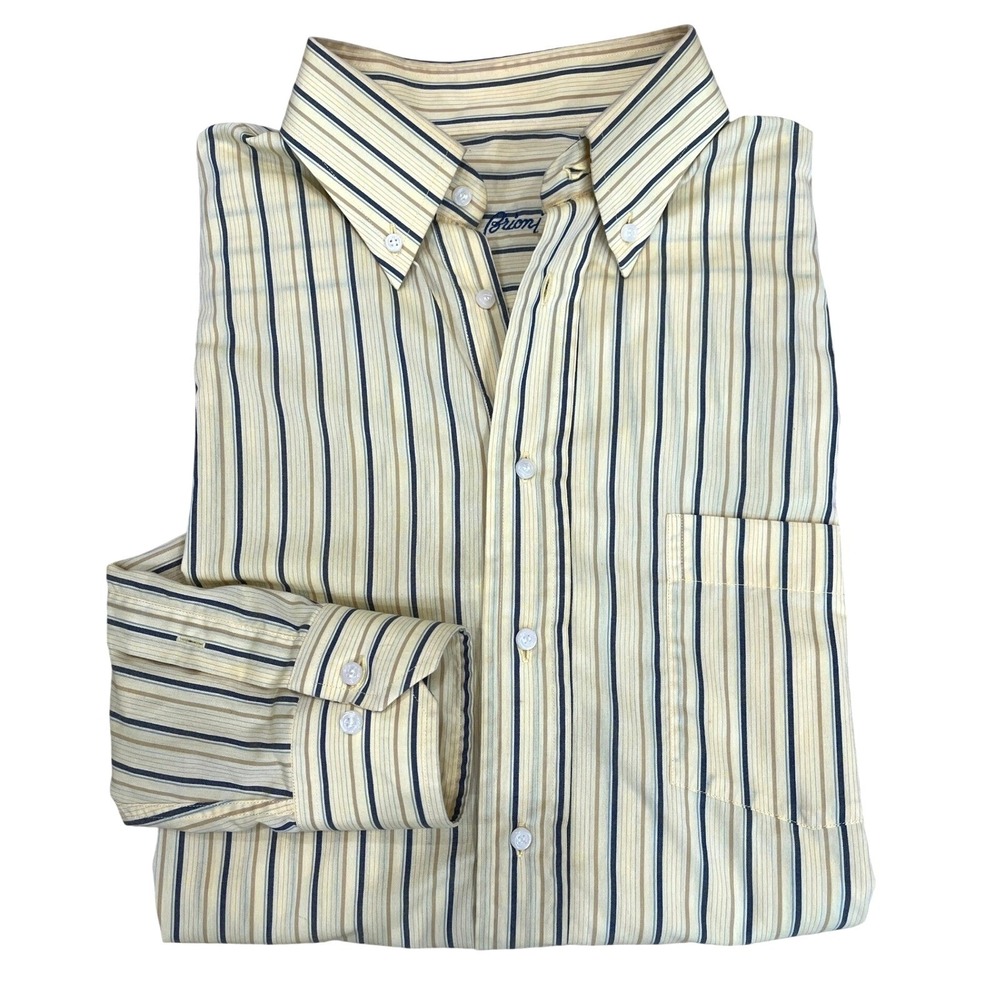 Brioni Mens Striped Button Down Dress Shirt Yellow Tan Navy Blue Made in Italy